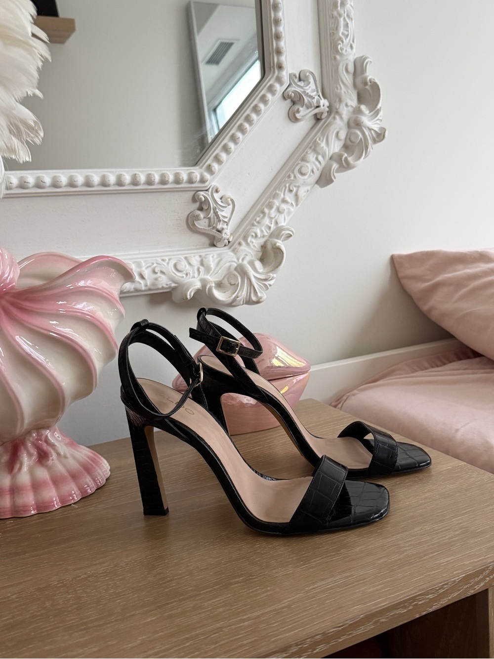 ALDO Black Croc-Embossed Ankle-Strap Heeled Sandals
